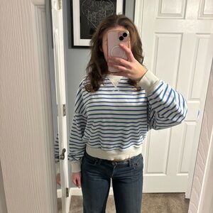 American Eagle blue and white striped crewneck sweatshirt